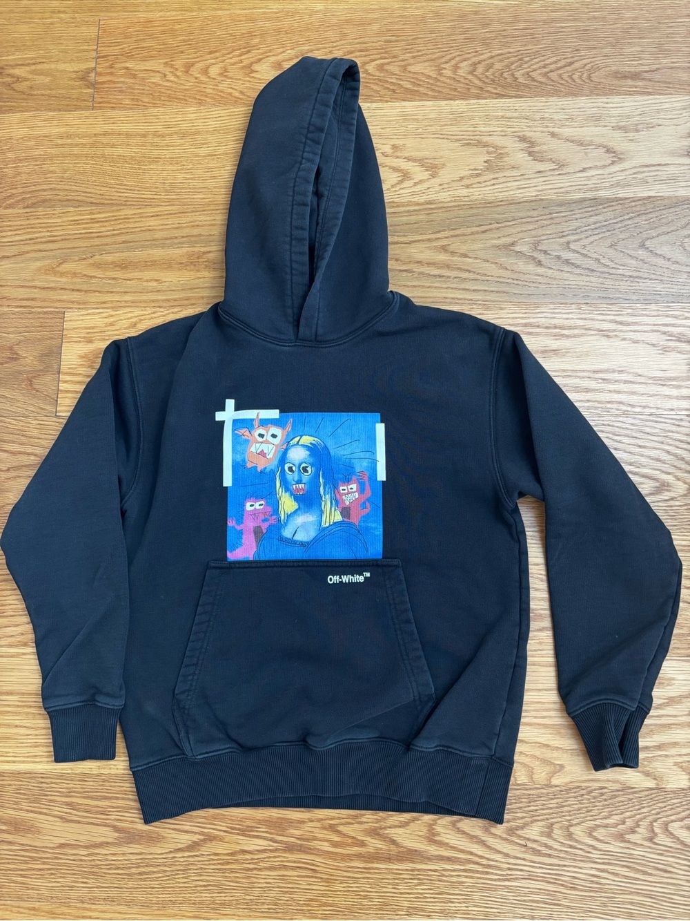 Off-White kids Black Hoodie with Blue Mona Lisa Graphic